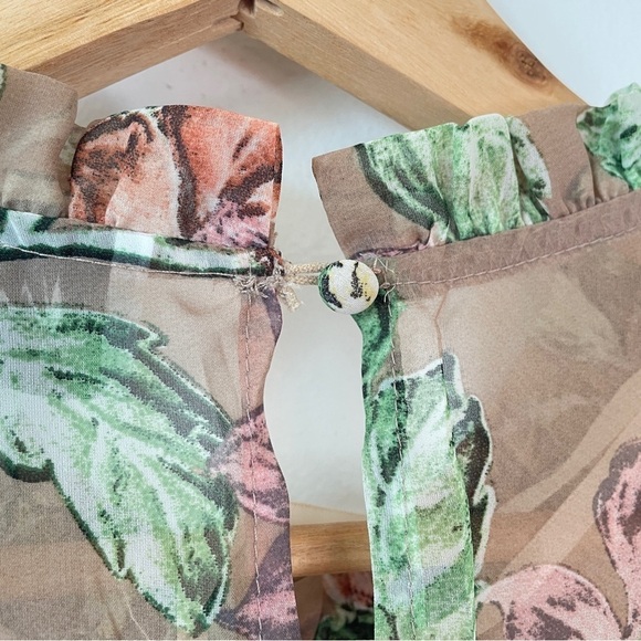 Princess Polly Boho Eden Bloom Tiered Mini Dress Floral Sheer Ruffle Tan Green 6 - Picture 9 of 11